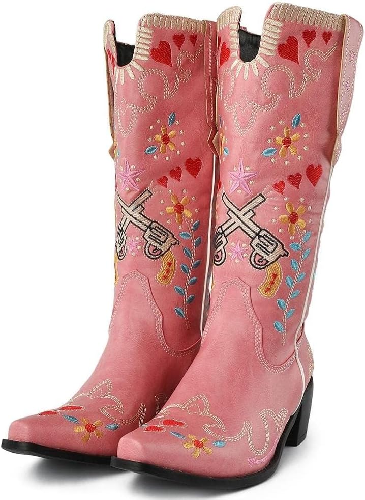 Women's Swallow Floral Embroidered Cowgirl Boots - Chunky Low Heels - Handmade Rivets - Western Cowboy Knee High Boots - Pull On - Blue, Black, Green - Patchwork - Wide Calf