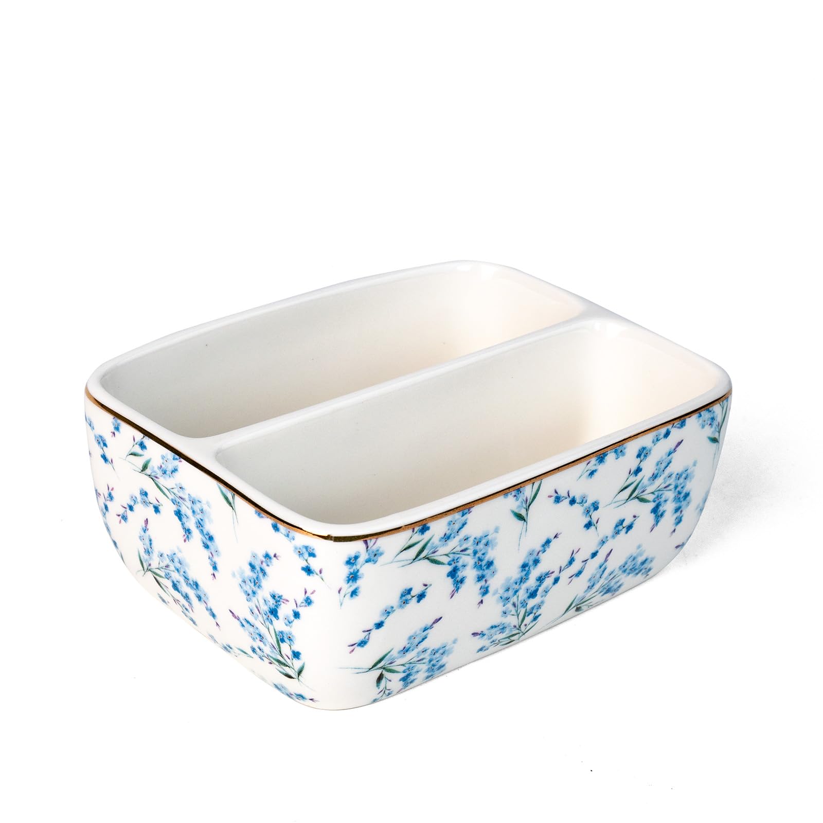 2 Compartments Ceramic Sponge Holder for Kitchen Sink, Cute Floral Pattern Countertop Dish Sponges Holder Soap Sink Organizer Caddy Farmhouse Home Kitchen Decor Blue Blossom