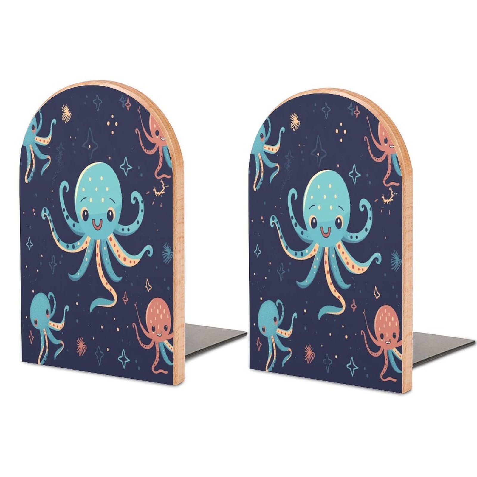 Cartoon Octopus Bookends for Shelves Non Skid Book Stoppers Universal Economy Bookend Heavy Duty Wood Book End Decorative Book Shelf Holder for Home Office Desk 1 Pair