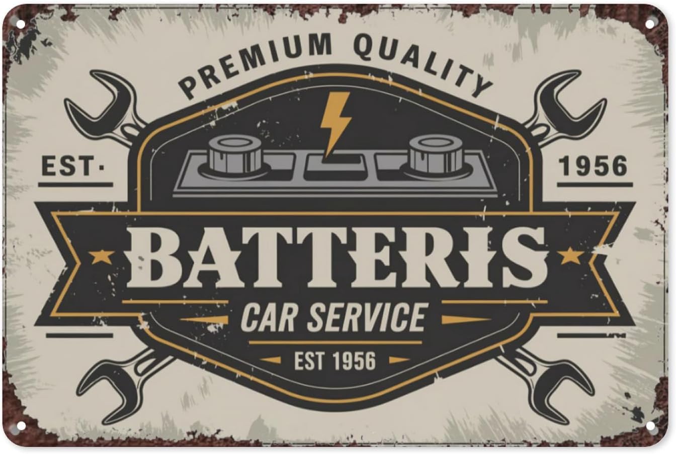 SMAZDFXX Car Batteries Service Retro Tin Sign, Vintage Metal Wall Decor for Garage, Auto Shop, or Man Cave, Classic Car Battery Theme Wall Art Poster for Mechanics 5.5"x8"