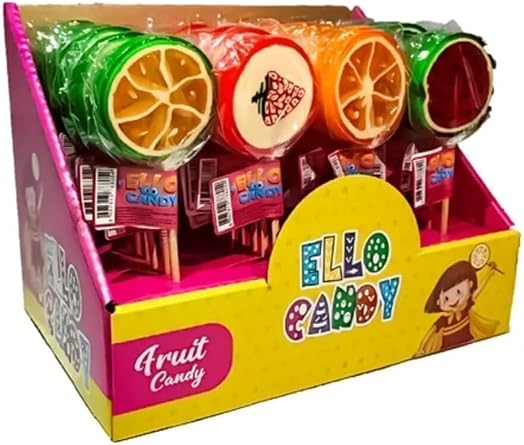 HEllo Candy Meyve  ekilli Lolipop  ubuklu  eker Seti, 4 Farkl  Meyve Aromal , Renkli  eker Stand  25 Adet