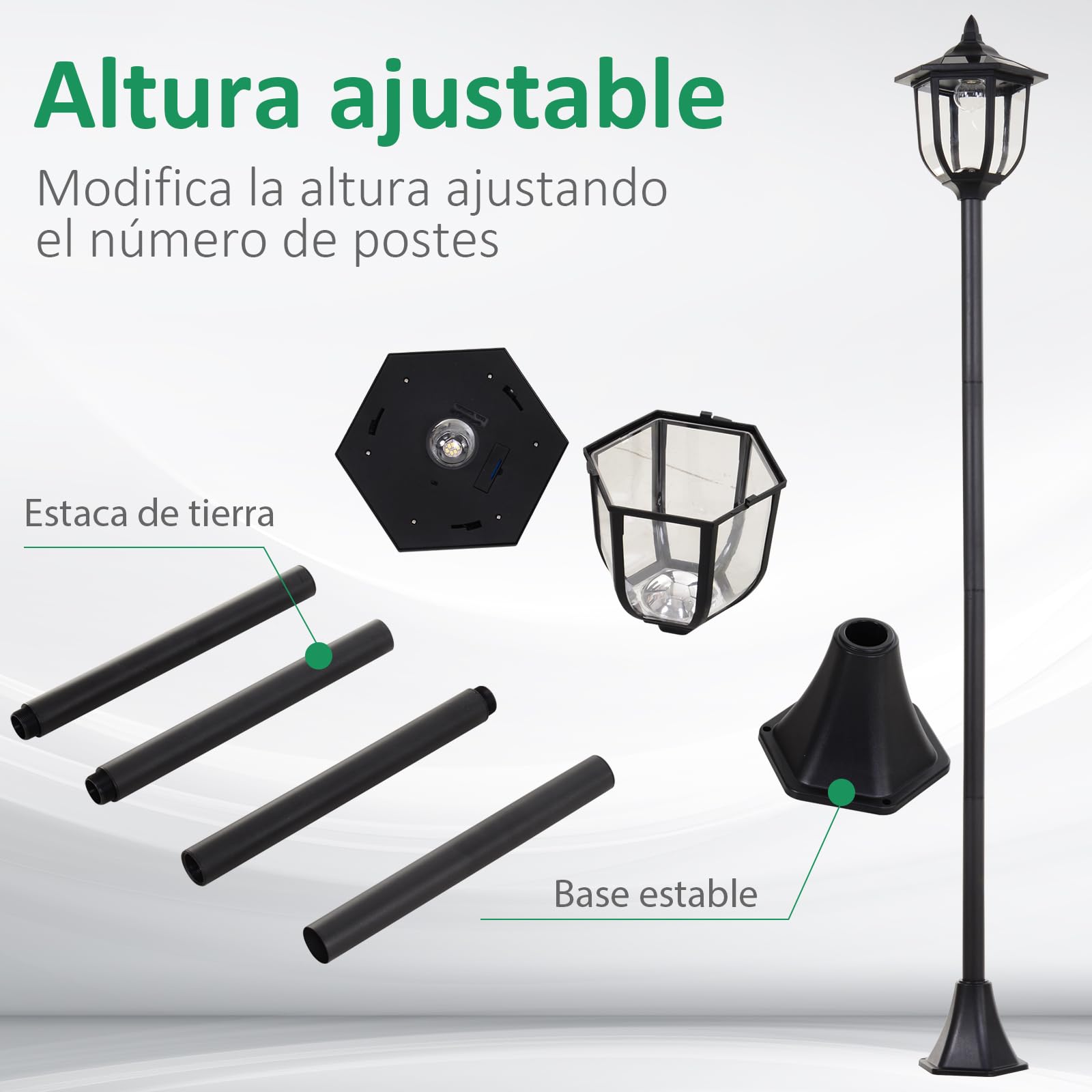 Outsunny Conjunto de 2 Farolas Solares con Panel Ø26,5x177 cm Negro | Luces de Solar para Jardín, Encendido Automático, Protección al Ambiente, 6 Luces LED, para Terraza Patio