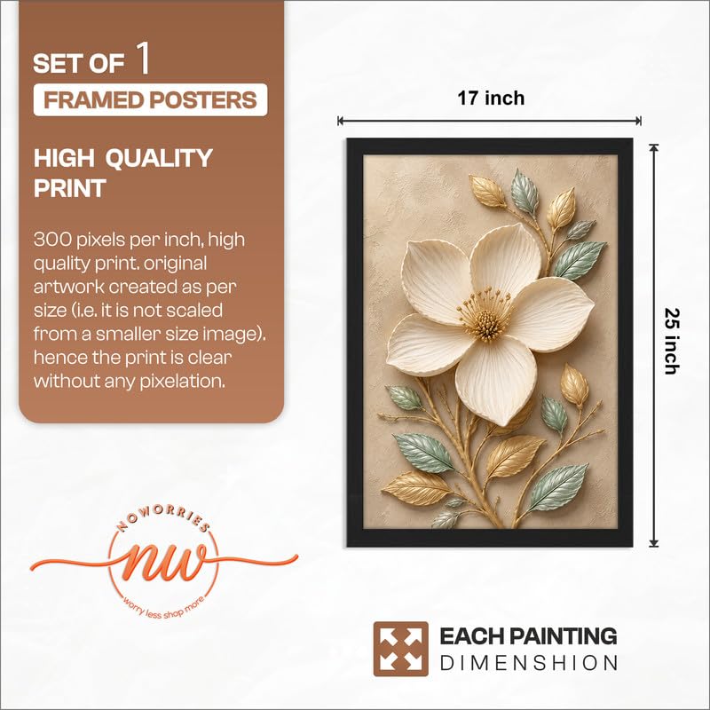 Image of NoWorries Floral Botanical Wall Painting with Frame | Premium Textured Flower & Leaf Artwork, Pastel Nature Wall Decor Framed for Living Room Bedroom Office and Home Decoration (Art-14,17x25inch)