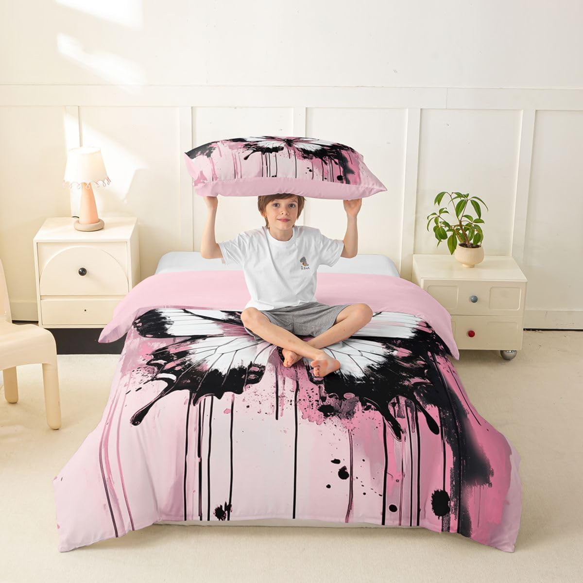 Feelyou Girls Butterfly Duvet Cover Toddler Size Abstract Bedding Set for Boys Girls Modern Art Comforter Cover Black Pink Bedroom Decor 2Pcs