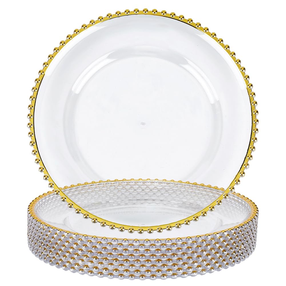 AHANDMAKER 8 placas transparentes y doradas, 33 cm, reutilizables, con borde de perlas doradas, elegantes placas decorativas para cenas, bodas, cumpleaños, fiestas