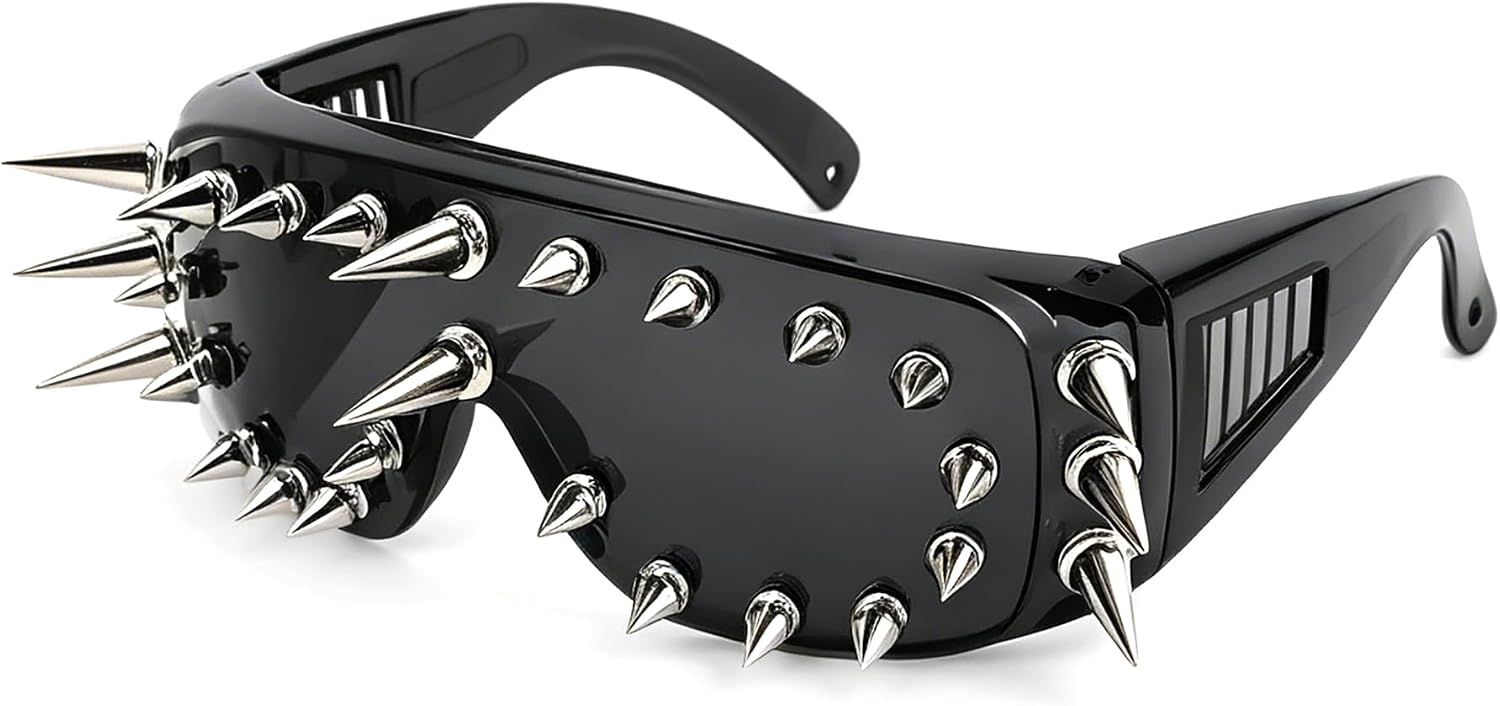 Punk Spike Sunglasses for Men and Women, Long Spikes Metal Rivets Steampunk Gothic Shades for Cosplay Halloween Party