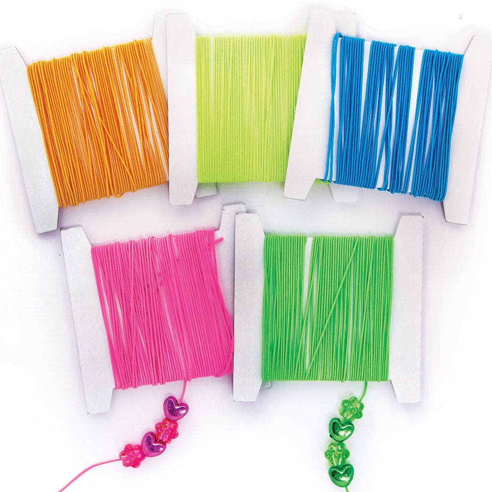 Baker Ross FC845 Neon Coloured Elastic Stretch String Cord for Bracelet, Jewelry, Necklace, Craft Making, 10m, Assorted, Pack of 5, Reels