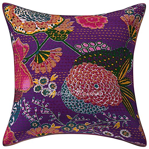 ManionaCrafts Christmas GiftKantha Work Cotton Handmade Cushion Cover 16 X 16 Boho Throw Pillow