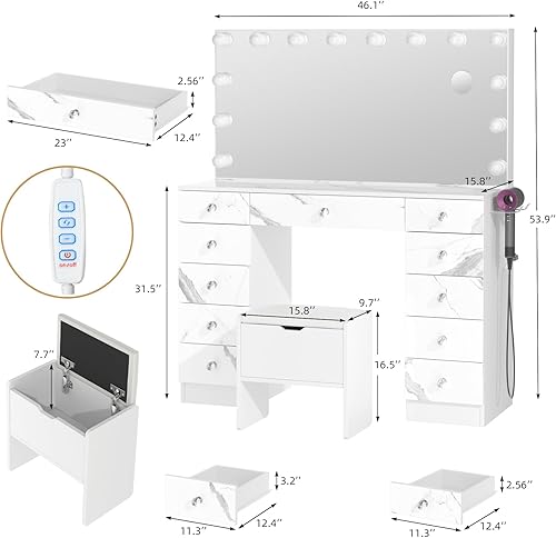 Miniatura 3 de VOWNER Tocador con espejo iluminado - Escritorio de maquillaje con luces y 11 cajones, 3 modos de iluminación de color con brillo ajustable,