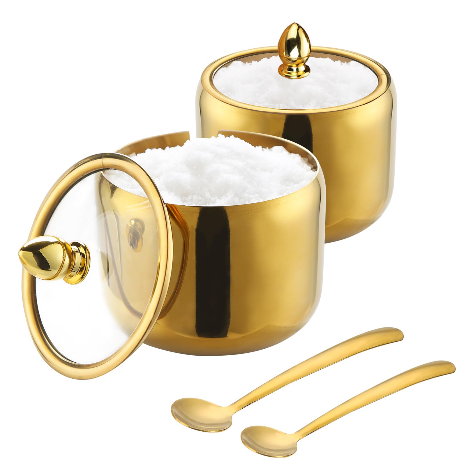 IBWell Azucarero de 10 onzas con tapa transparente y cuchara, paquete de 2 recipientes dorados para barra de café para cocina, recipiente de acero inoxidable para condimentos