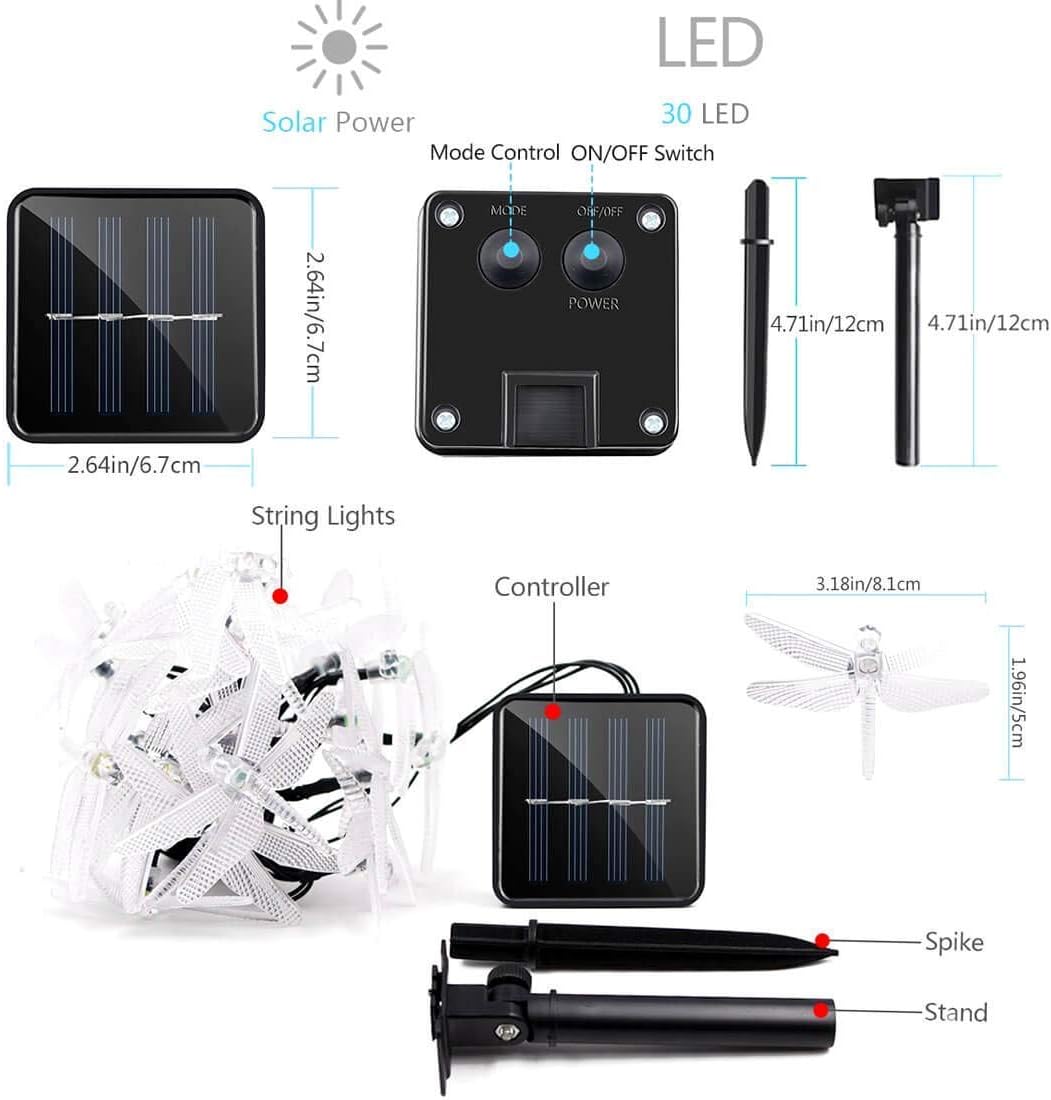 Dragonfly Solar String Lights, 20ft 30 LED 8 Modes Waterproof Solar Fairy Lights for Outdoor, Lawn, Patio, Party Landscape Decorations (Blue)