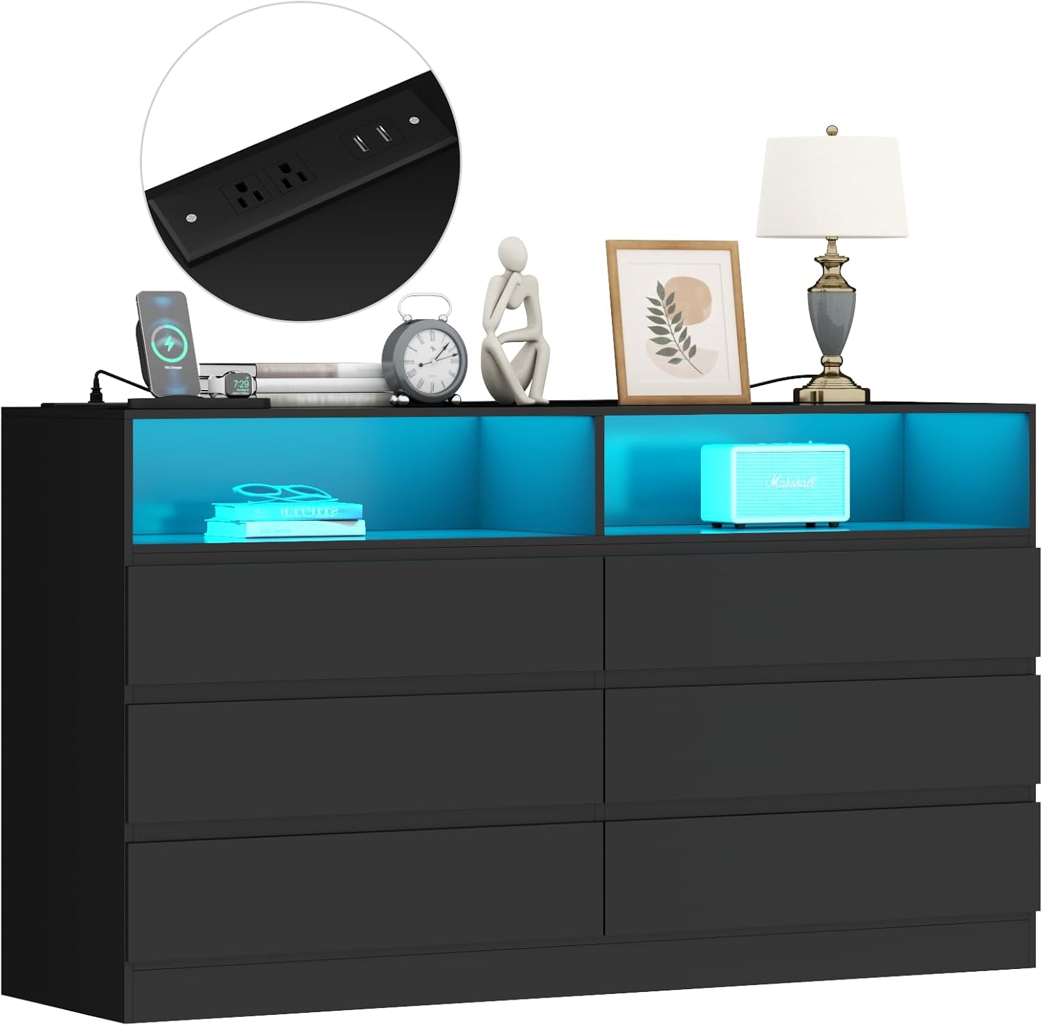 Dresser with LED lights on and power outlet visible