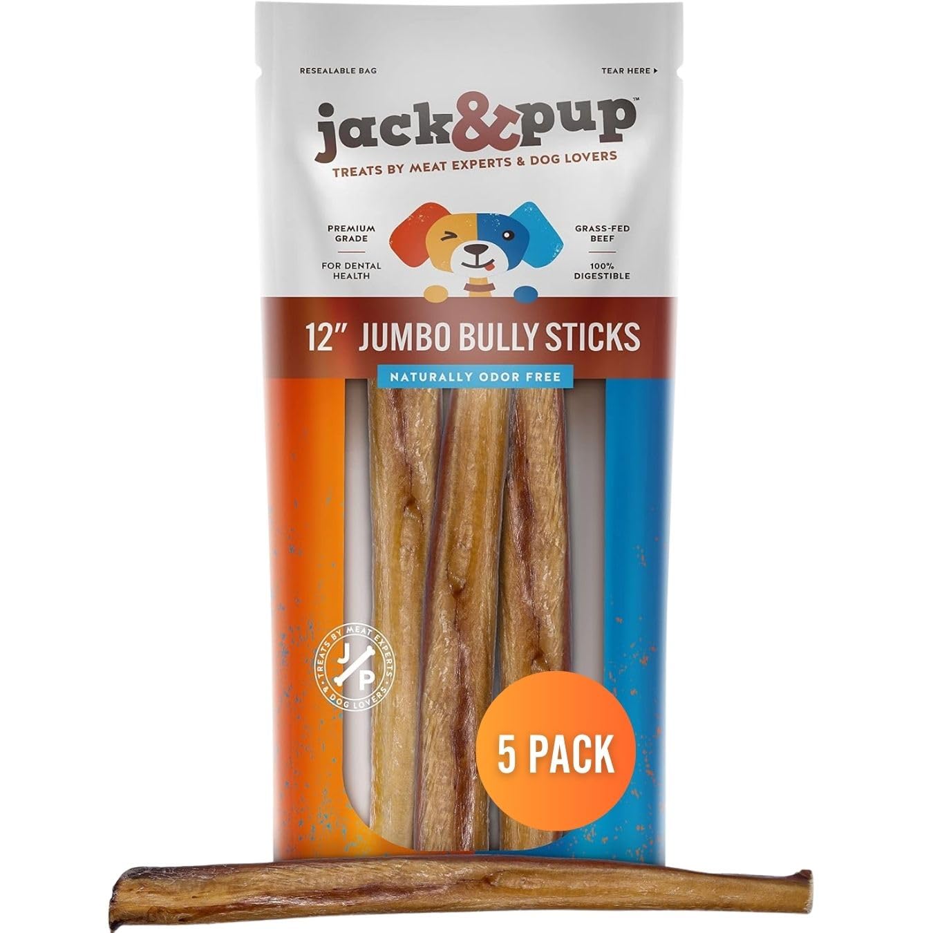 Jack&Pup 12 Inch Jumbo Bully Sticks for Dogs (5 Pack) Single Ingredient Dog Bully Sticks for Large Dogs and Aggressive Chewers