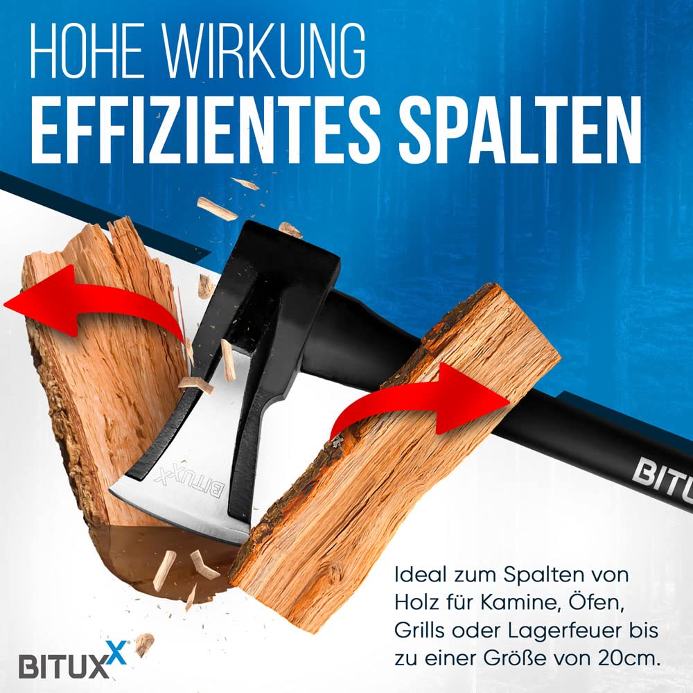 BITUXX Spaltaxt Spaltbeil Axt Beil Spalthammer Spaltkeil Fiberglas Forst Set - Die Perfekten Werkzeuge für Garten und Wald (Beil 600g + Spaltaxt 1000g)