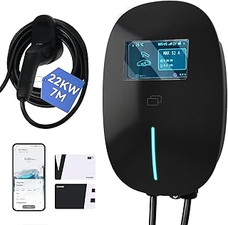 FULLWATT EV Ladegerät Typ 2 22 kW, Wallbox Ladestation mit APP und RFID, 3-Phasig 7M 6-32A, mit LCD und Ladegerätehalter, IP54, für Alle EVs und PHEVs, Schwarz