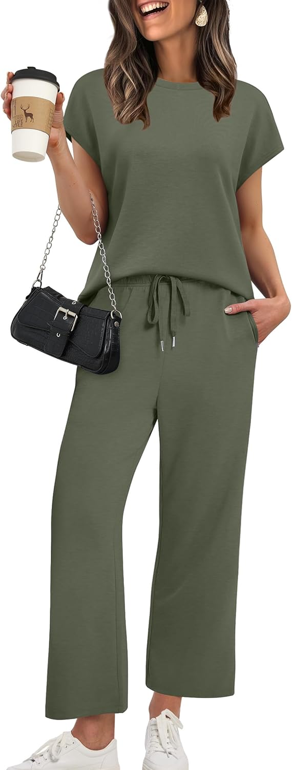 XIEERDUO Women's Cap Sleeve Lounge Sets 2 Piece Travel Outfits Airport Tracksuits Wide Leg Loungewear S-3XL