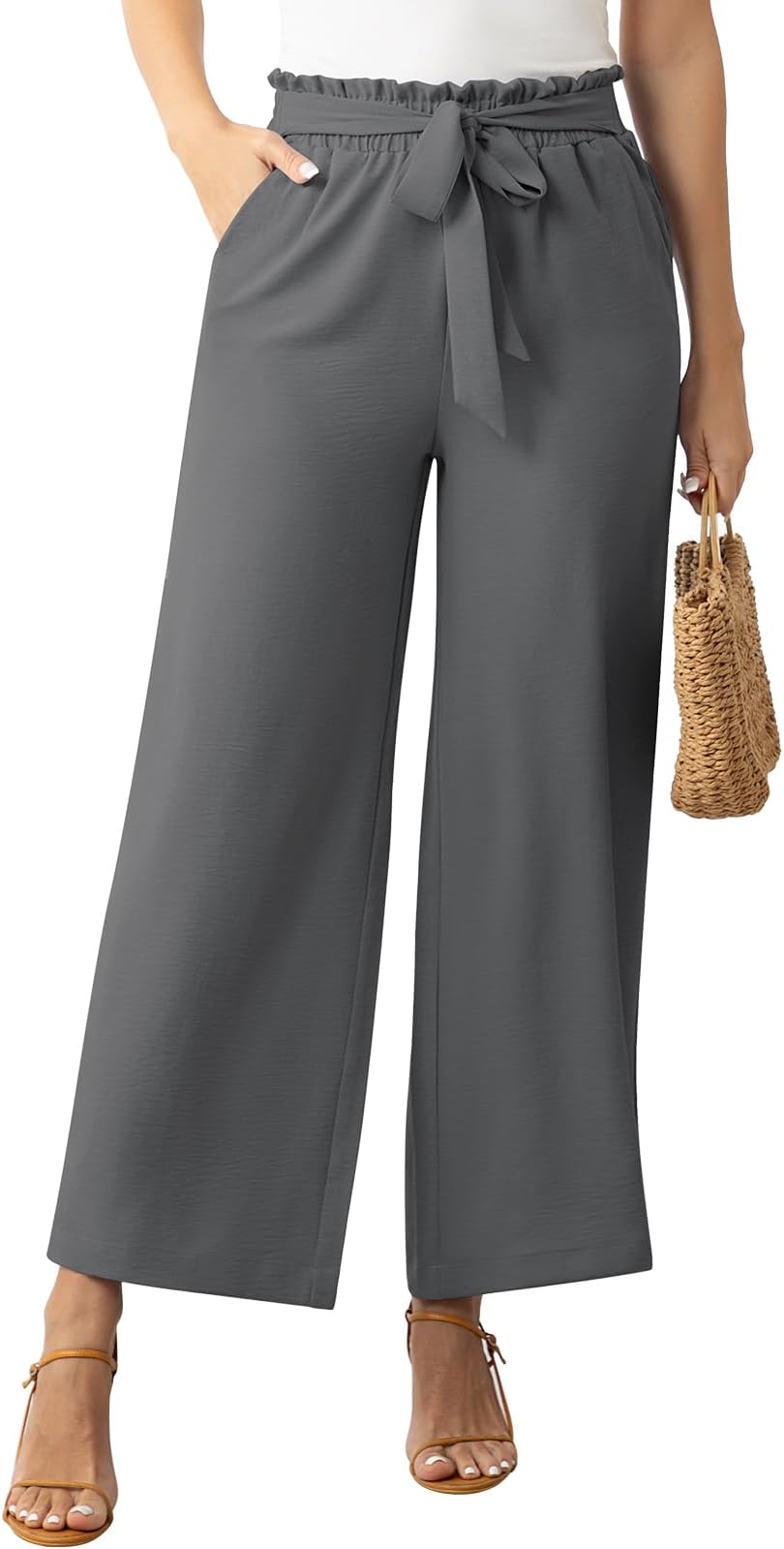 YawburkWomens Wide Leg Lounge Pants High Waisted Business Work Casual Pants Adjustable Tie Knot Loose Trousers with Pocket