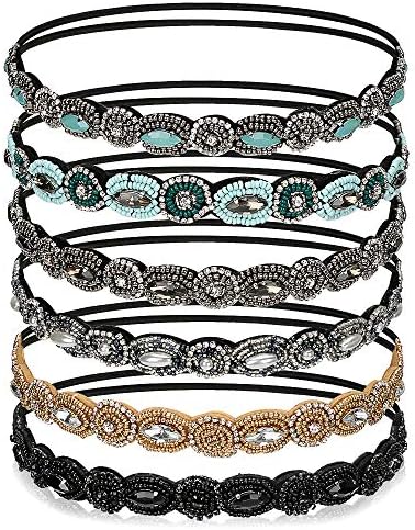6 Pack Elastic Rhinestone Headbands for Women, Vintage Beads Rhinestone Hair Headband, Handmade Fashionable Diamond Elastic Headbands for Lady Brides Women Girls