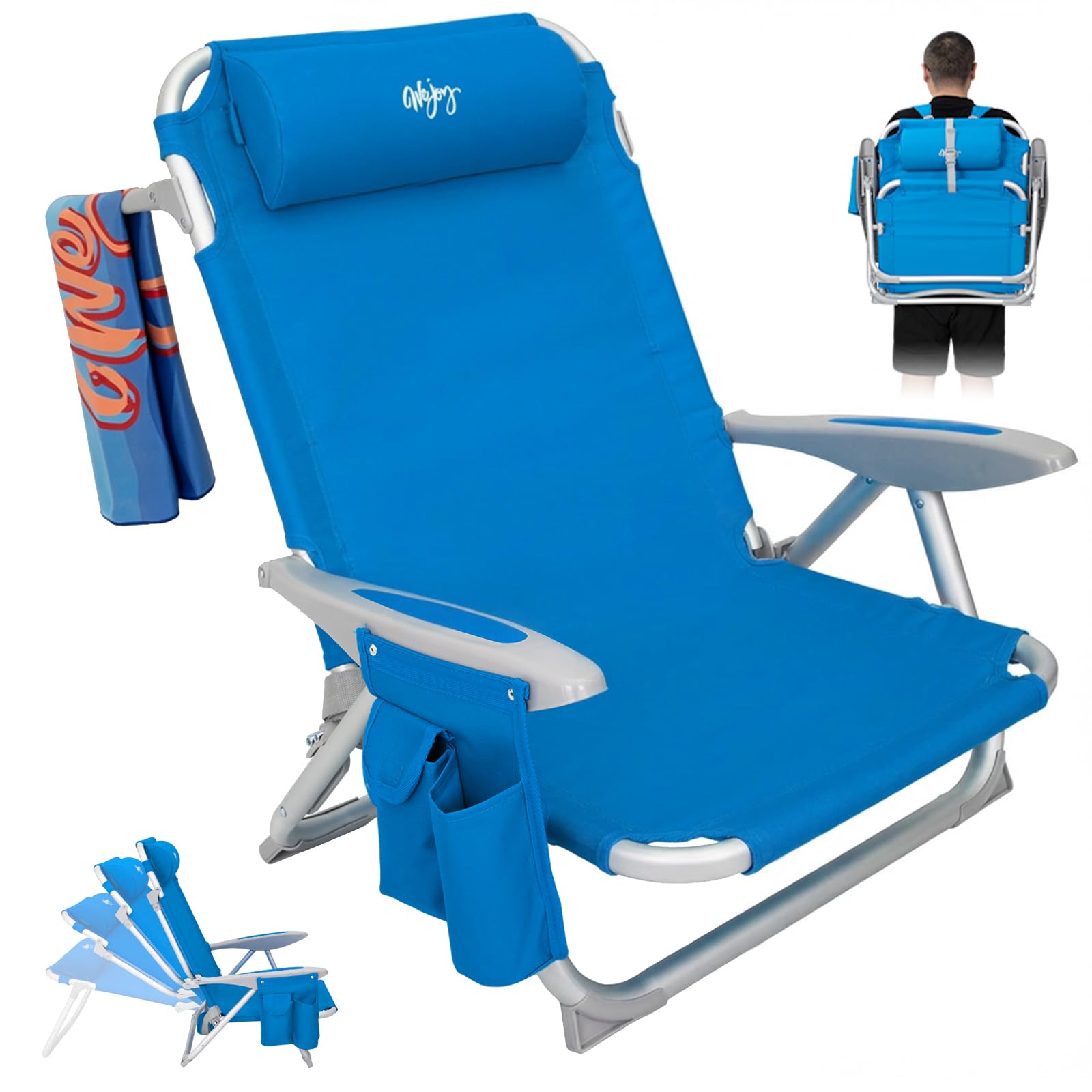 #WEJOY Beach Chair for Adults, Reclining Adjustable Position, Lay Flat Lightweight Folding Portable Aluminum Chair with Backpack Straps,Padded headrest, Heavy Duty 400 lbs Lawn Chair for Beach, Sand