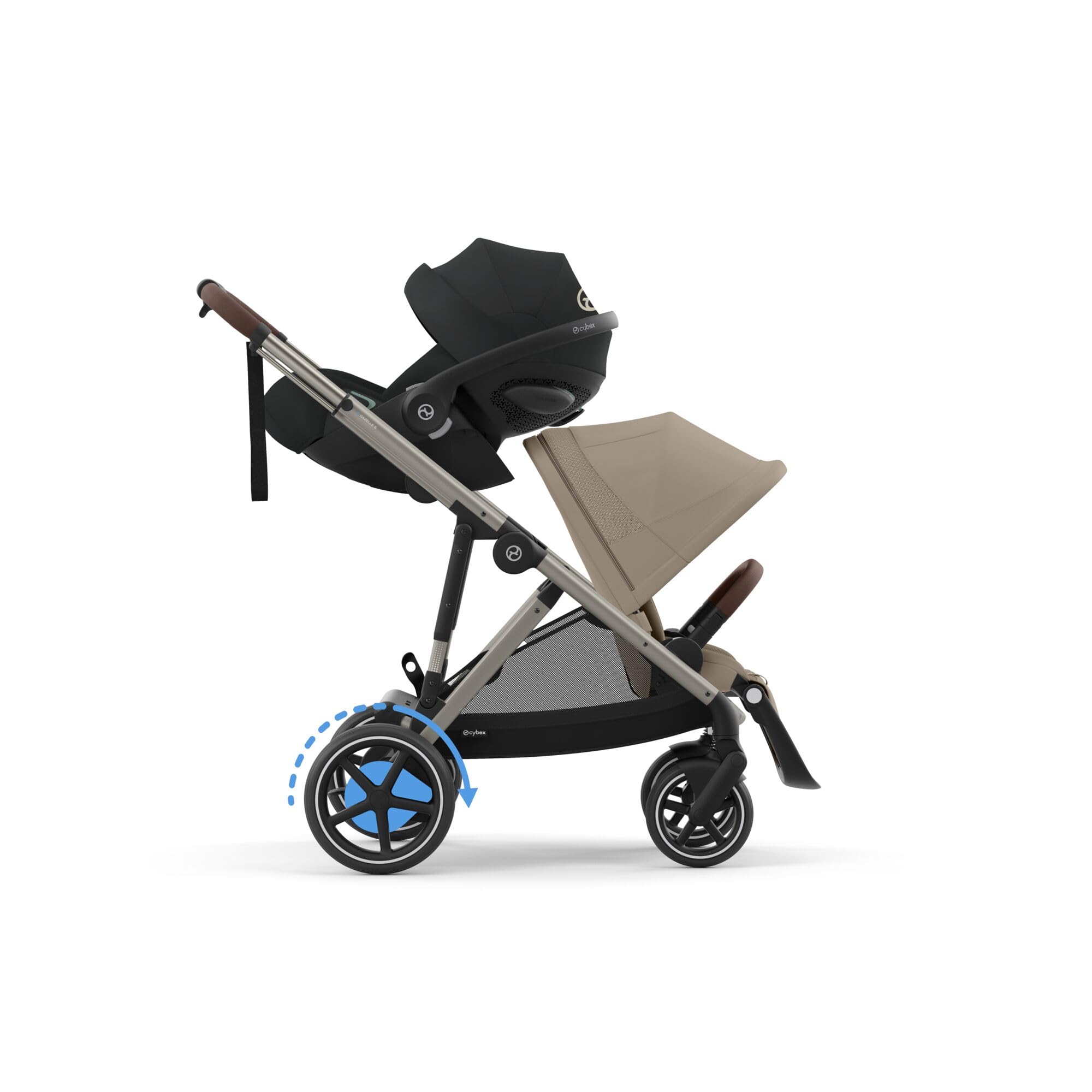 CYBEX Cochecito dorado e-GAZELLE S, máx. 22 kg (modo individual) / 2x 22 kg (modo dúo), sistema todo en 1 con accionamiento eléctrico y 20+ configuraciones, Beige almendra