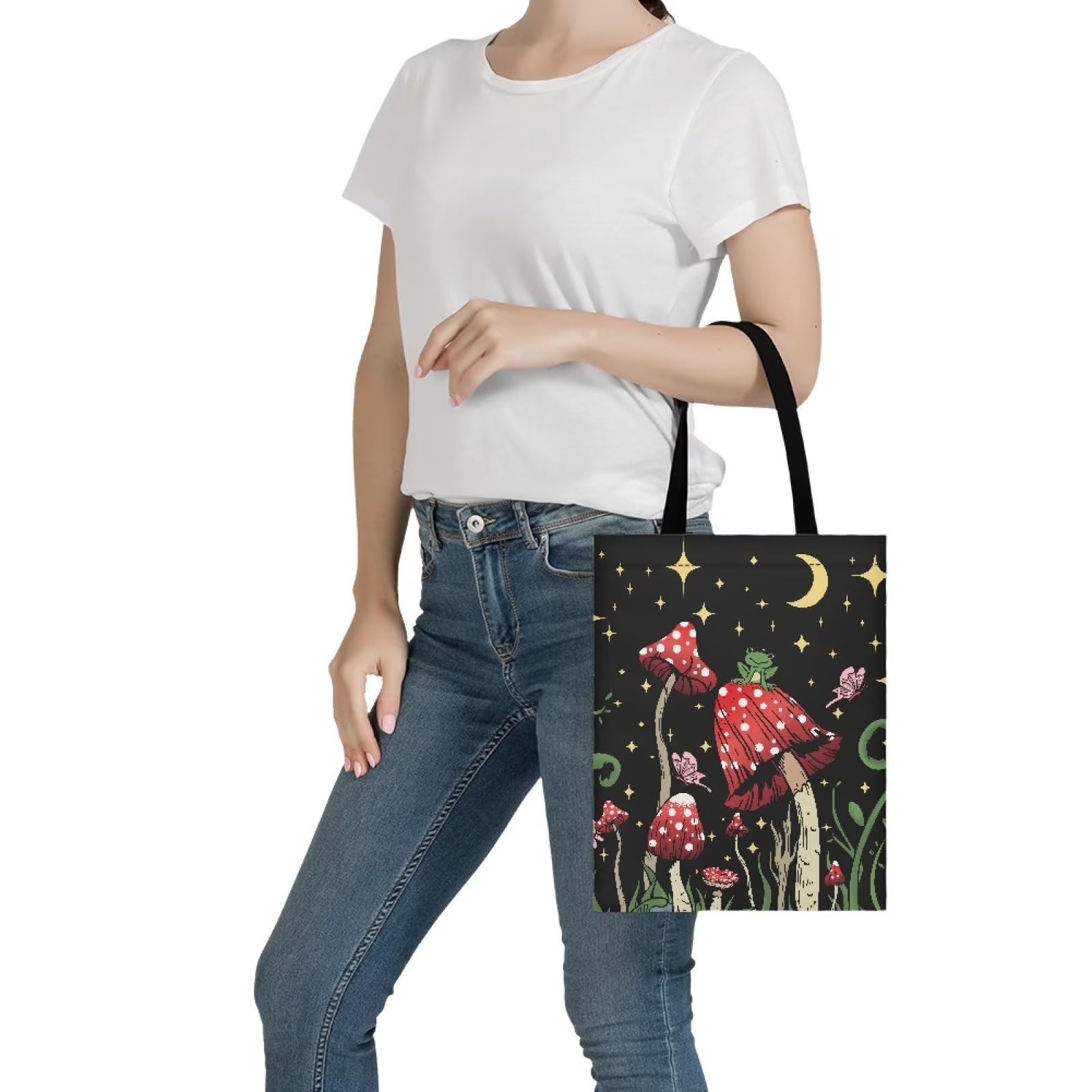 Showudesigns Mushroom Tote Bag for Women Girls Shopper Bag Canvas Kitchen Grocery Bags Kids Snack Bags Bookbags for School Shopping Beach Handbag Frog Galaxy Moon Star - Image 2