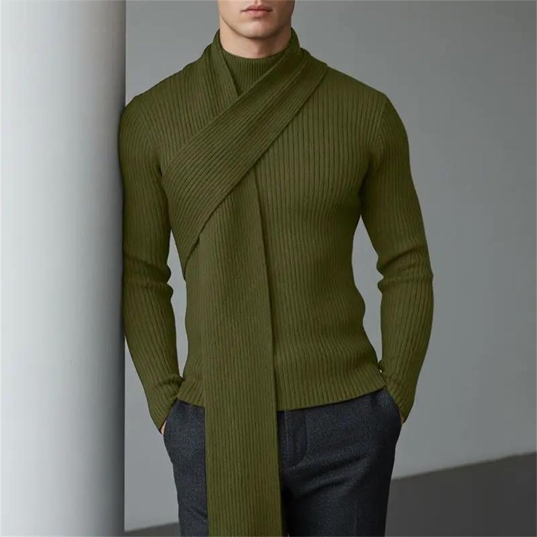 Men's Sweater Solid Long Sleeve Knitted Pullover with Scarf