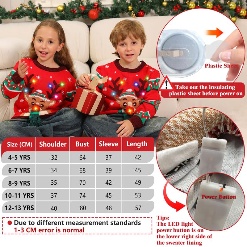 Maglione Natalizio Bambino con Luci, Maglioni Natalizi Bambini Divertenti, Girocollo Maglioncino Natalizio Famiglia Led Ugly Christmas Sweater,Brutti Maglioni di Natale per Bimbo/Bimba/Ragazza/Ragazzo