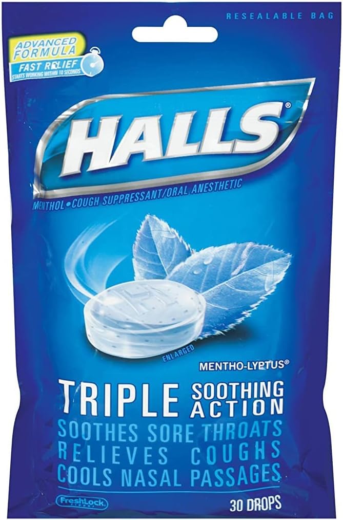 Halls Mentho-Lyptus Triple Soothing Action Cough Drops Resealable Bag 30 ct (Pack of 12)