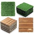 24 Pcs Hardwood Interlocking Patio Deck Tile and Artificial Grass Tile Waterproof Wood Flooring Tile Interlocking Turf Tile Outdoor Self Draining Tile for Balcony Garden Patio Lawn, 12x12 in