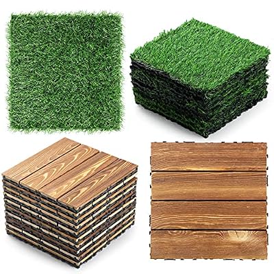 24 Pcs Hardwood Interlocking Patio Deck Tile and Artificial Grass Tile Waterproof Wood Flooring Tile Interlocking Turf Tile Outdoor Self Draining Tile for Balcony Garden Patio Lawn, 12x12 in