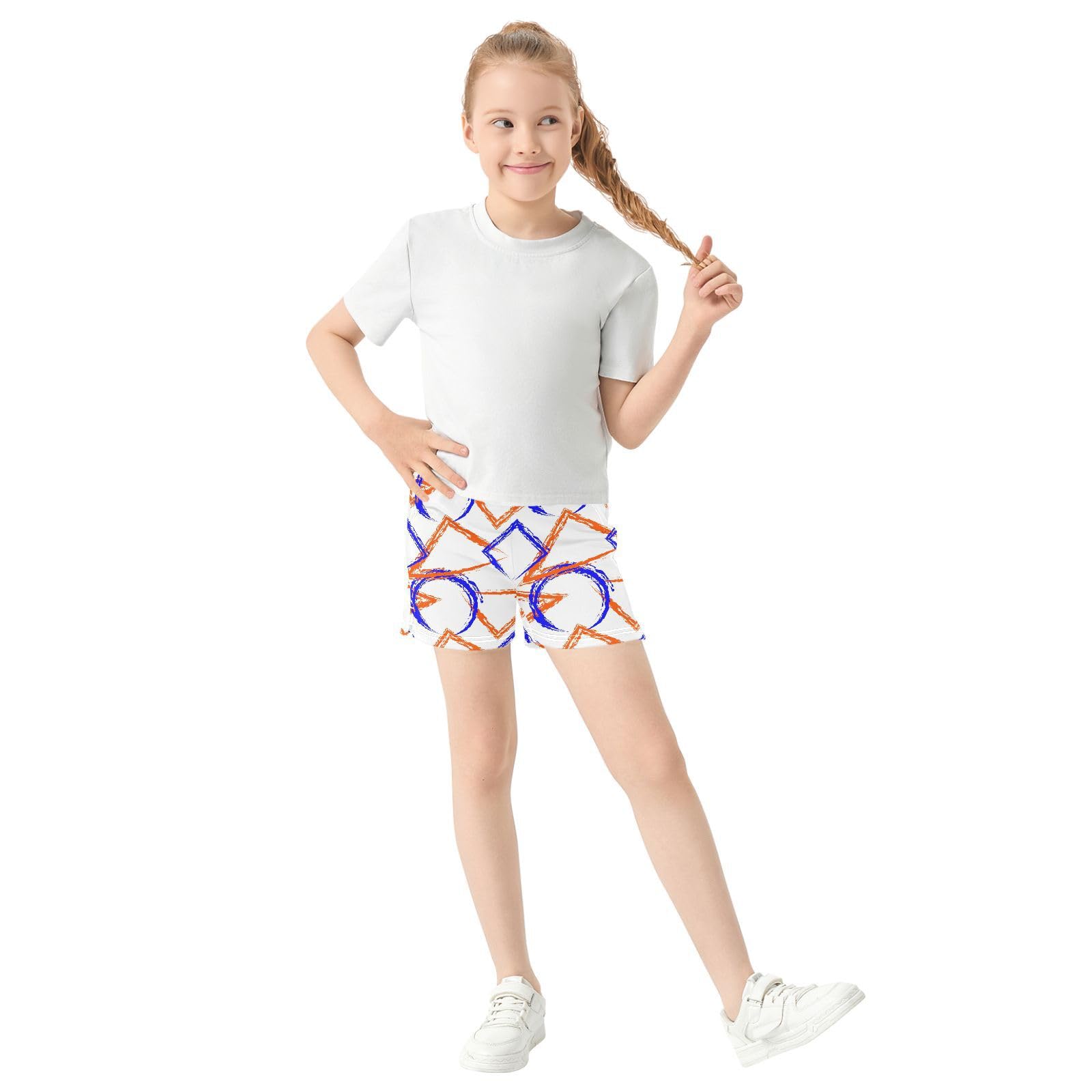pnyoin Girl's Shorts Geometric Triangles Circles Athletic Running Shorts with Pockets Size 7-8t Multi