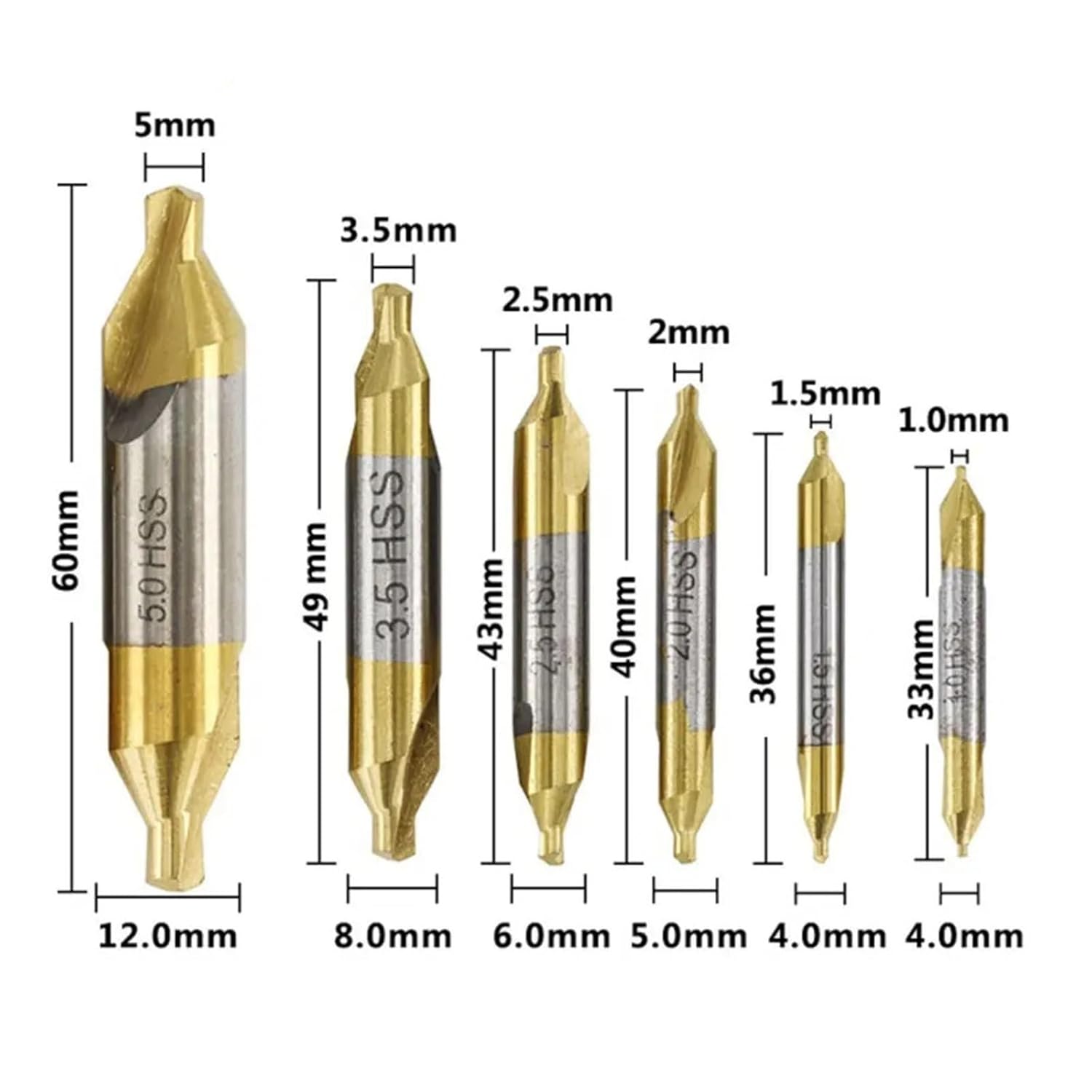 Center Drill Bits Set 60-Degree Angle Center Drill Bits Kit Countersink Tools 1/1.5/2/2.5/3.5/5 6Pcs(Yellow)