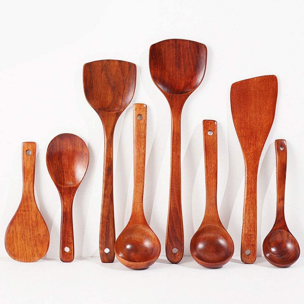 MYUYEE Kitchen Utensils Set,Natural Wood Kitchenware Long Rice Shovel Spoon Cooking Spoons Tableware Tools Set