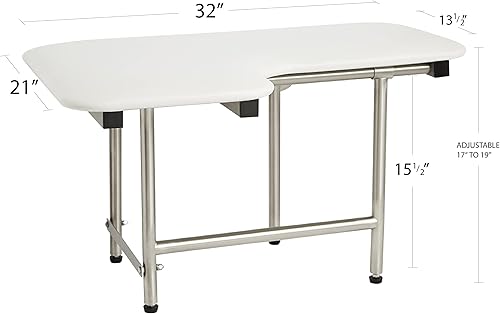 Miniatura 2 de Asiento de ducha plegable para diestros de 32 x 22.5 pulgadas, para montaje en pared, acolchado blanco, con patas, cumple con ADA