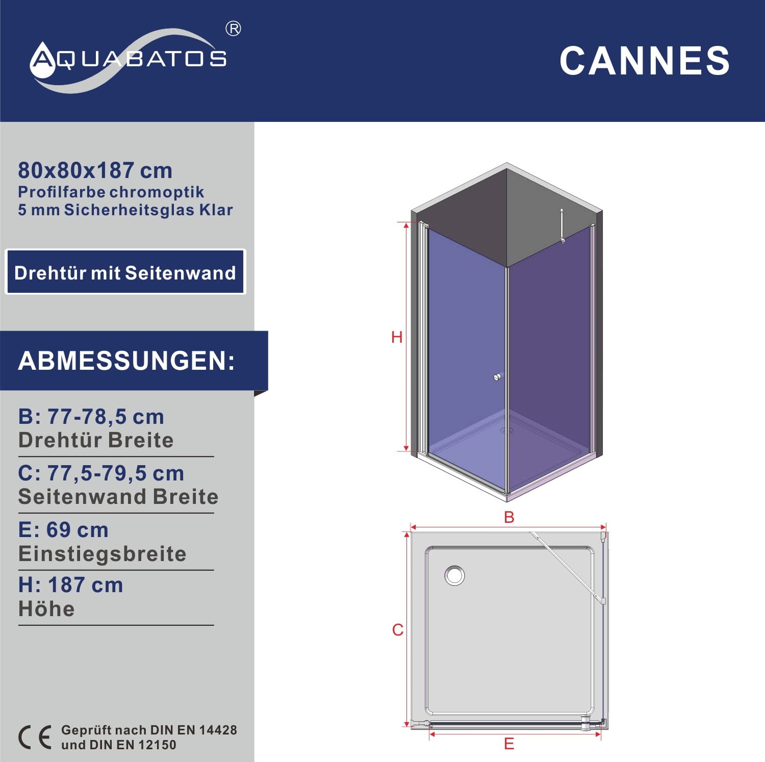 Duschkabine Eckeinstieg 80x80 x 187 cm Duschabtrennung Duschwand Glas Eck Dusche mit Duschtür und festem Seitenteil Eckdusche rahmenlos mit Drehtür Schwingtür Pendeltür 80 cm und Seitenwand 80 cm