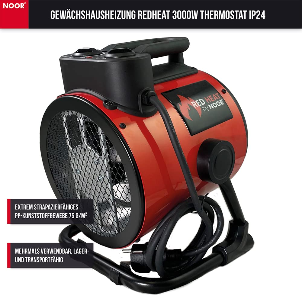 NOOR Gewächshausheizung RED HEAT - 3000W Edelstahl-Heizelemente mit Thermostat - elektrischer Heizlüfter IP24 spritzwassergeschützt - Schnellaufheizung, Temperaturwächter für 30 m² & TÜV-zertifiziert