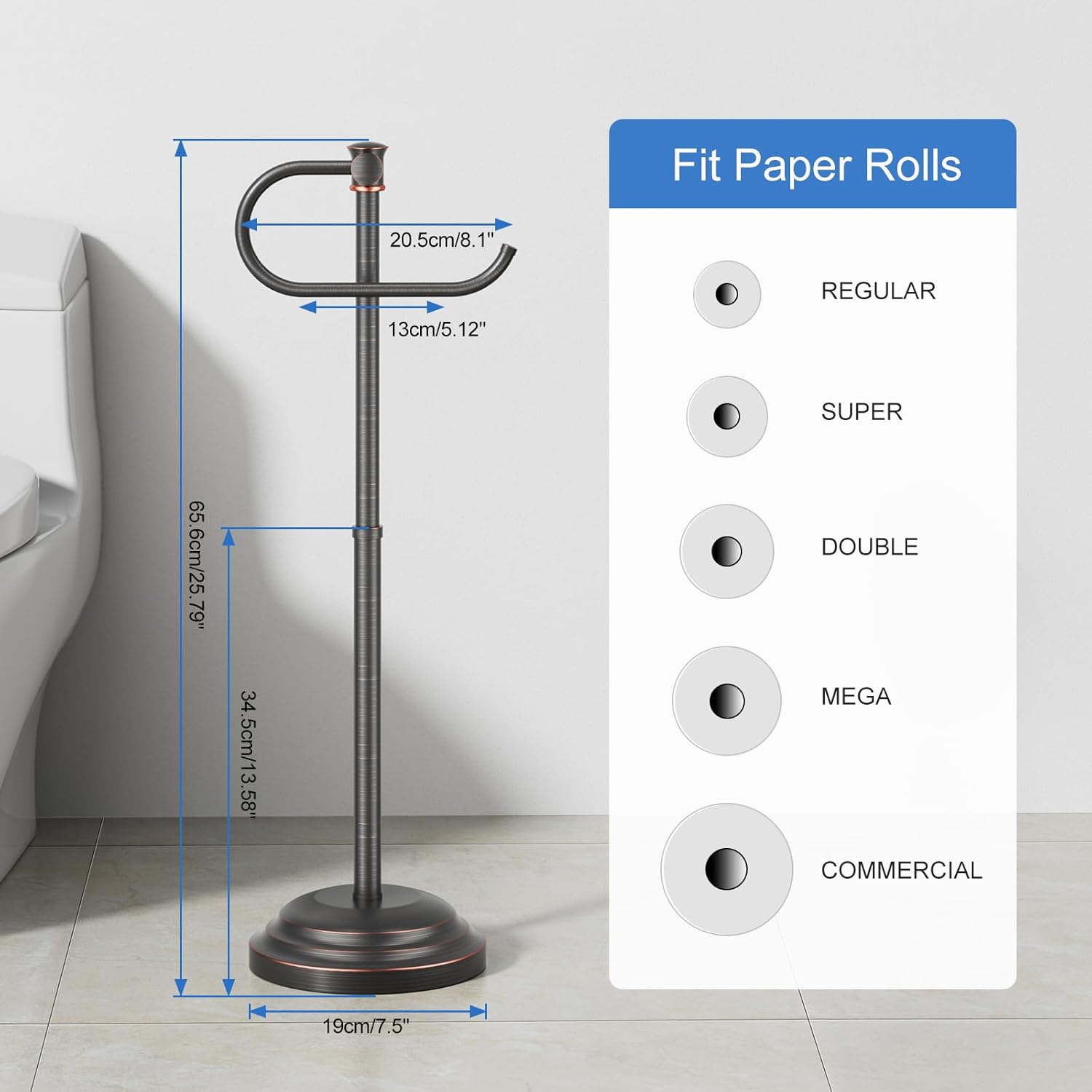 RUMOSE Toilet Paper Holder Stand for Floor, Oil Rubbed Bronze Bathroom Free Standing Toilet Tissue Roll Holder with Storage, Adjustable 17-25 Inch, SUS304 Stainless Steel