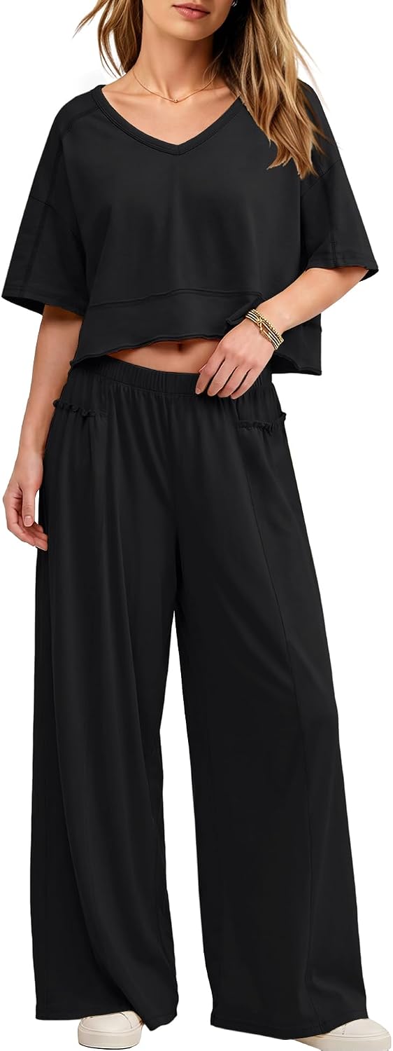 ReachMe Women's 2 Piece Matching Sets Short Sleeve V Neck Crop Top Wide Leg Lounge Pants Summer Travel Vacation Outfits