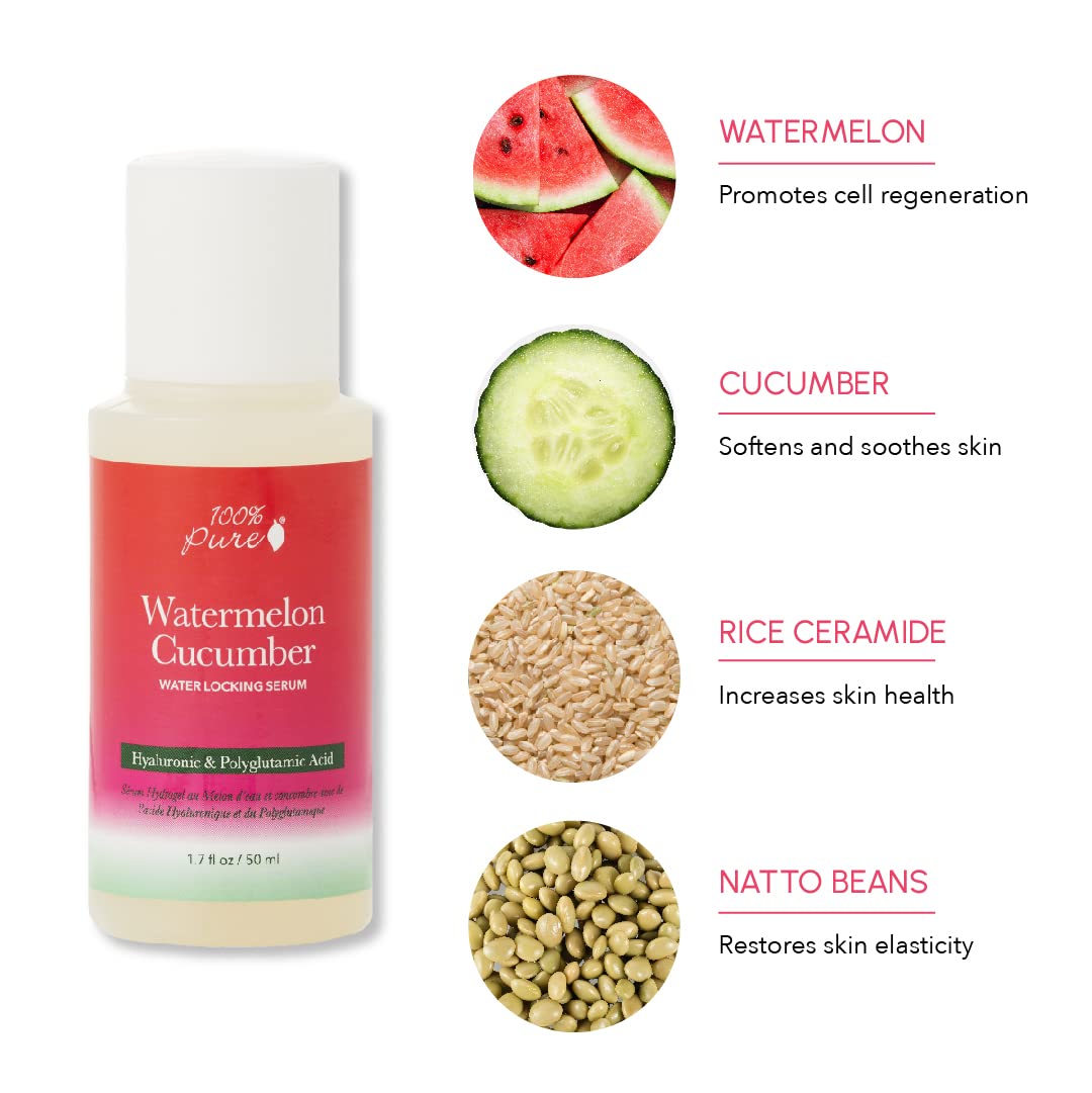 100% PURE Watermelon Cucumber Water Locking Serum for Face Moisturizing Glow Skin Care - Hyaluronic Acid Boost to Replenish Hydrate & Plump Dry Thirsty Skin, Vegan - 1.7 fl oz - Image 6