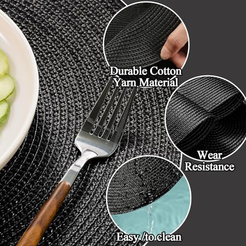 3 Set Black Placemats and Coaster Sets, Round Placemats, Table Mats and Coasters, Washable Heat Resistant for Dining Table for Indoor Outdoor Home Party Wedding - Image 4