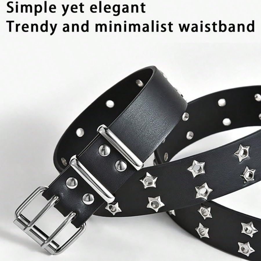 Punk Style Black Leather Belt for Women and Men, Fashion Wide Waist Belt with Star Studs Double Pin Buckle for Jeans Pants Streetwear4