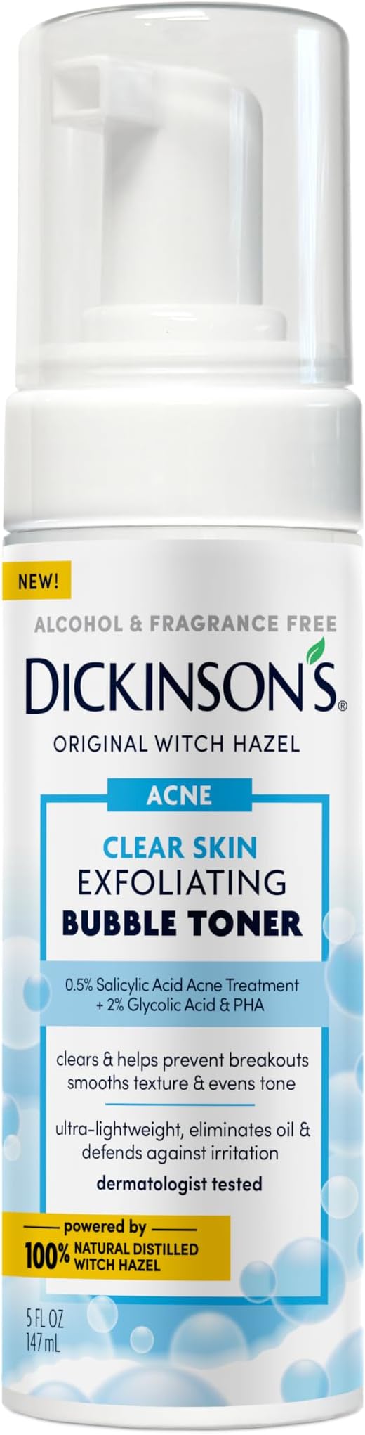Dickinson’s Witch Hazel Exfoliating Bubble Toner with 0.5% Salicylic Acid, Glycolic Acid & Niacinamide | Clears Pores, Smooths Texture, Brightens Skin | Alcohol-Free, Fragrance-Free | 5 Fl Oz
