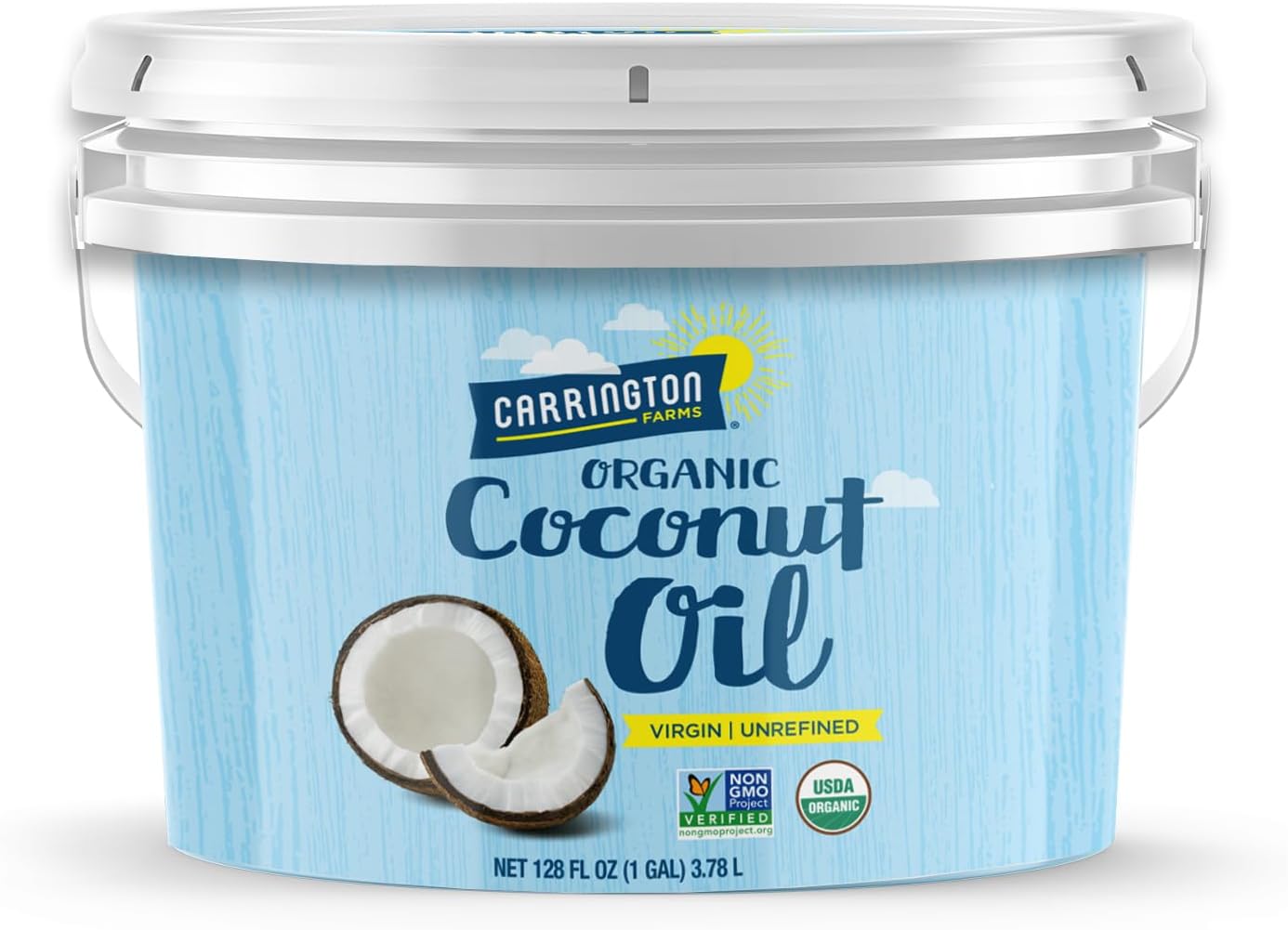 Carrington Farms Organic Virgin Coconut Oil – 1 Gallon (128 fl oz) – Cold Pressed, Unrefined, Gluten-Free, Non-GMO – USDA Organic Coconut Oil for Cooking, Baking, Skin, Hair & Nails – BPA-Free Jar