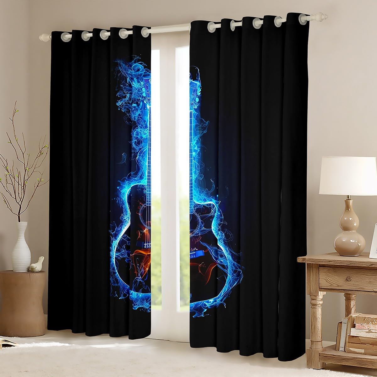 Tende moderne a forma di chitarra musicale, decorazione per la stanza dei bambini, adulti e adolescenti, stile hip hop, musica rock, per ragazzi e ragazze, tende per finestre luminose blu