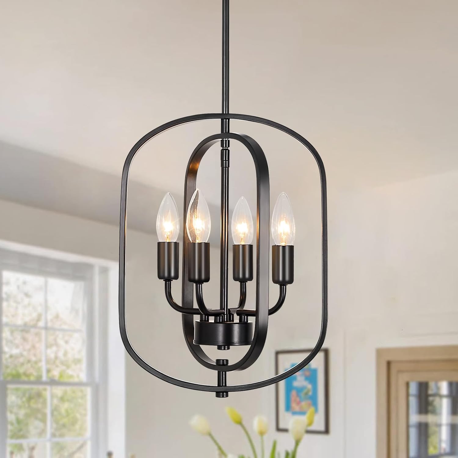 12.2" Modern Farmhouse Chandelier, 4-Light Black Industrial Pendant Light with Adjustable Height, Small Geometric Hanging Chandelier for Dining Room Kitchen Living Room Bedroom Foyer Hallway Lighting