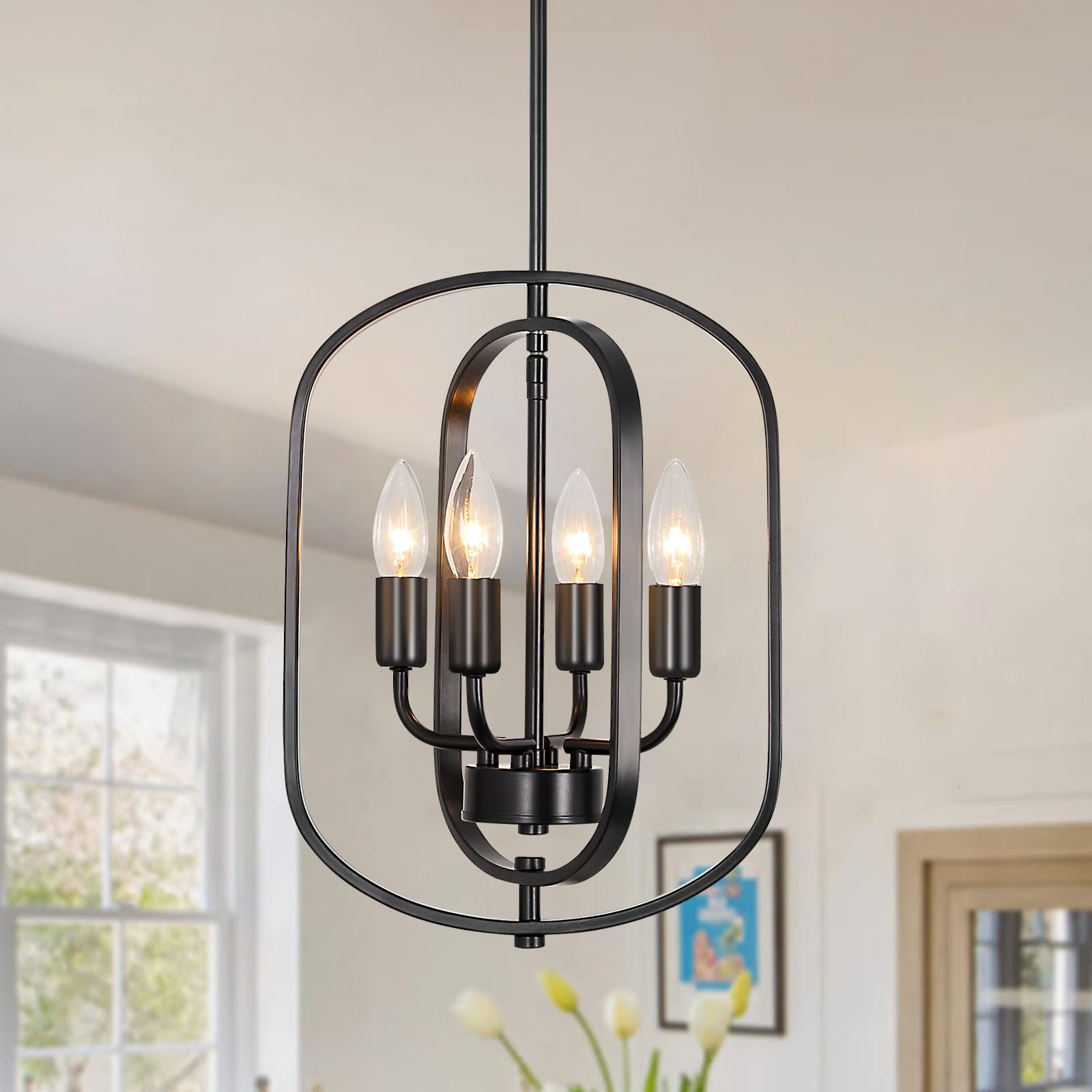 12.2" Modern Farmhouse Chandelier, 4-Light Black Industrial Pendant Light with Adjustable Height, Small Geometric Hanging Chandelier for Dining Room Kitchen Living Room Bedroom Foyer Hallway Lighting