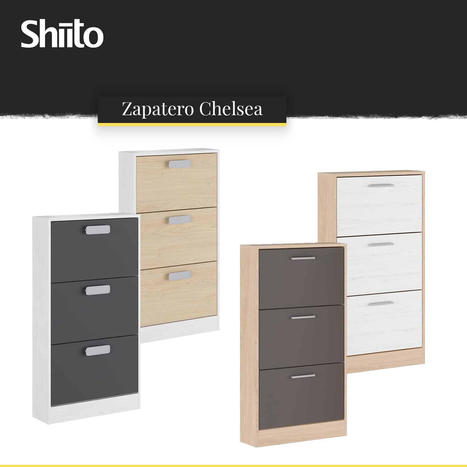 Shiito | Modelo Chelsea - Zapatero | Natural Grafito - 17 x 59.8 x 107.7 cm | Con 3 Estantes | Ideal en la Entrada y Dormitorio