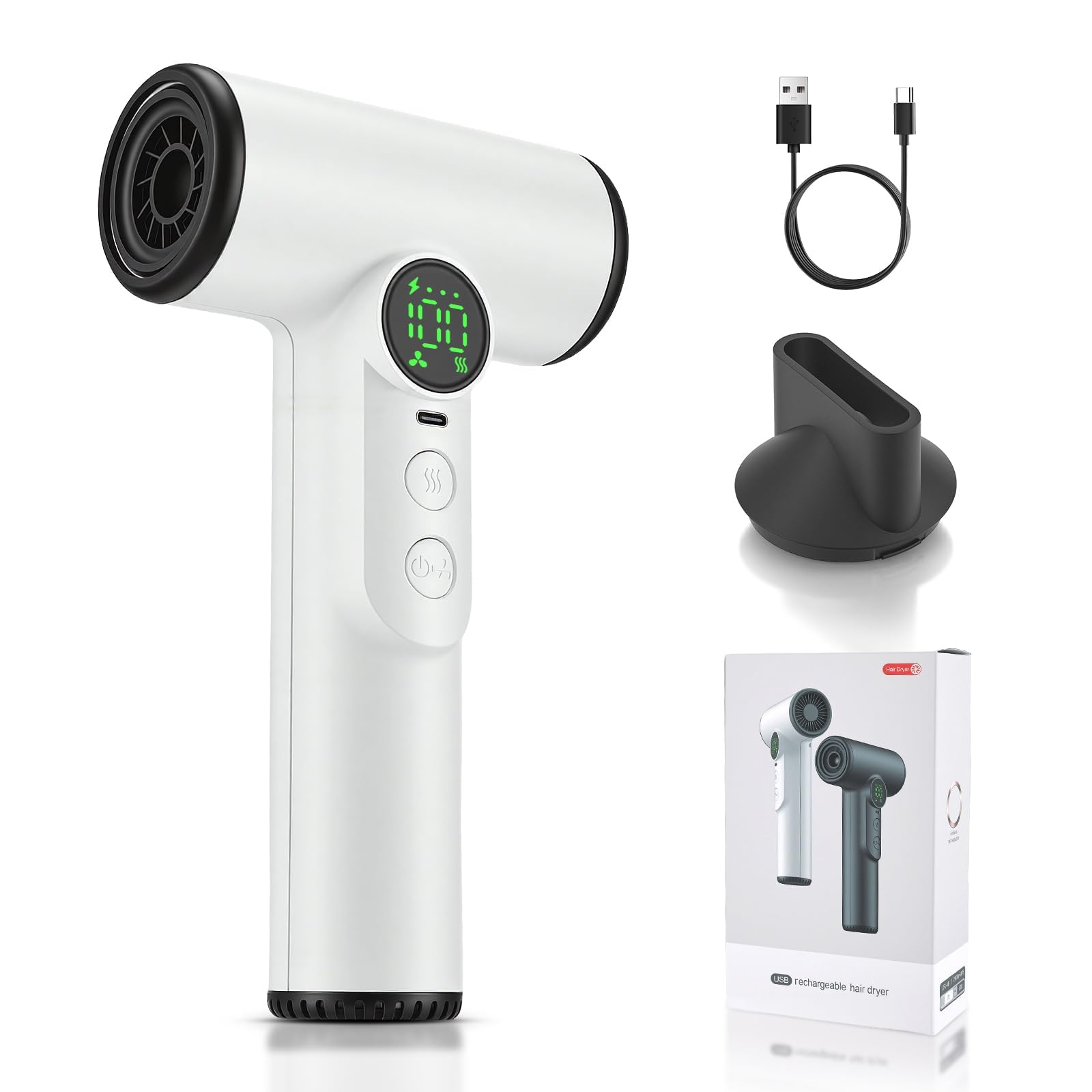 Mini Sèche Cheveux sans Fil 200 W Voyage – Portable USB C Rechargeable Batterie 15000 mAh, Écran Numérique 3 Températures, Seche Cheveux sans Fil Rechargeable pour Dortoir et Déplacements
