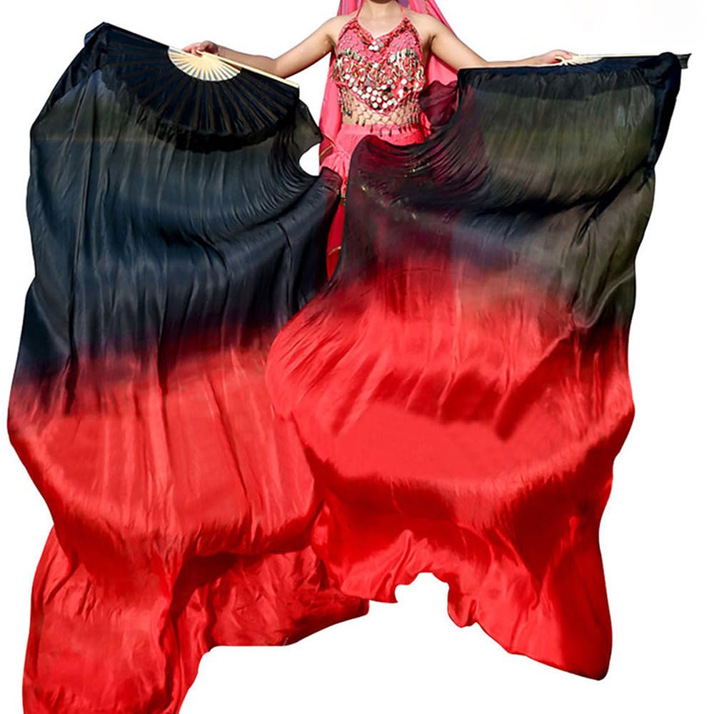 1 Pair(Left+Right) Women Real Silk Belly Dance Fan Veil, Length 180cm Width 90cm