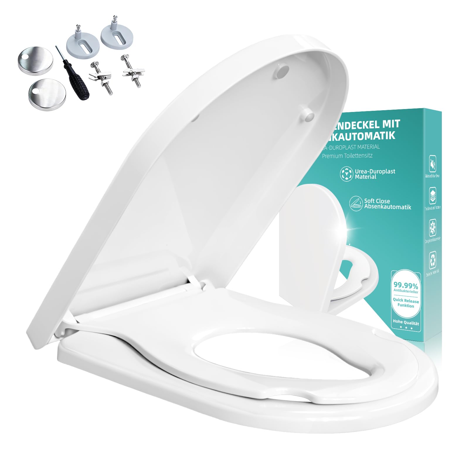 Tavoletta copriwater con abbassamento automatico, in Duroplast infrangibile, antibatterico e resistente ai raggi UV, forma a D, con sedile per bambini fino a 200 kg, colore: bianco